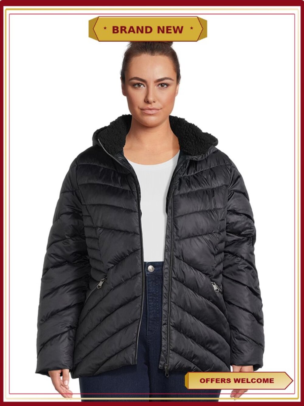 Plus Size Down Blend Puffer Jacket Faux Shearling Hood Zip Front